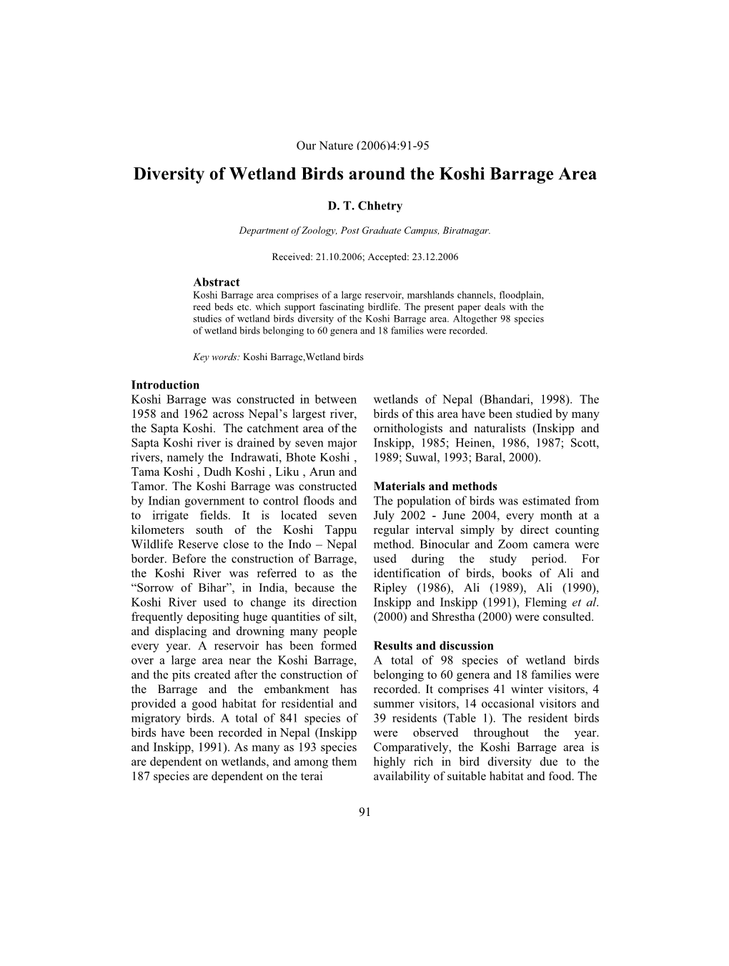 Diversity of Wetland Birds Around the Koshi Barrage Area