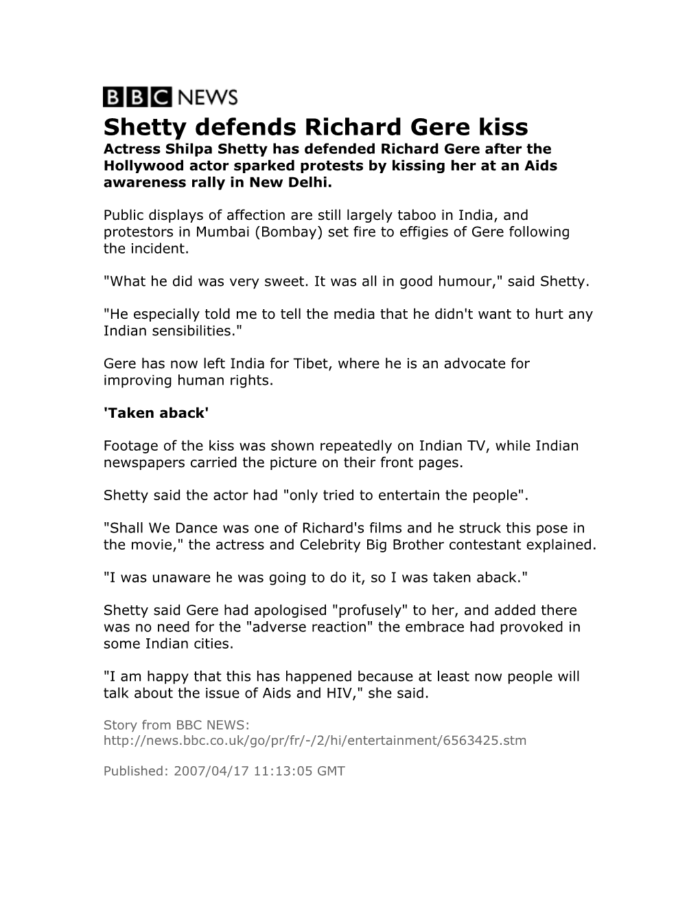 Shetty Defends Richard Gere Kiss