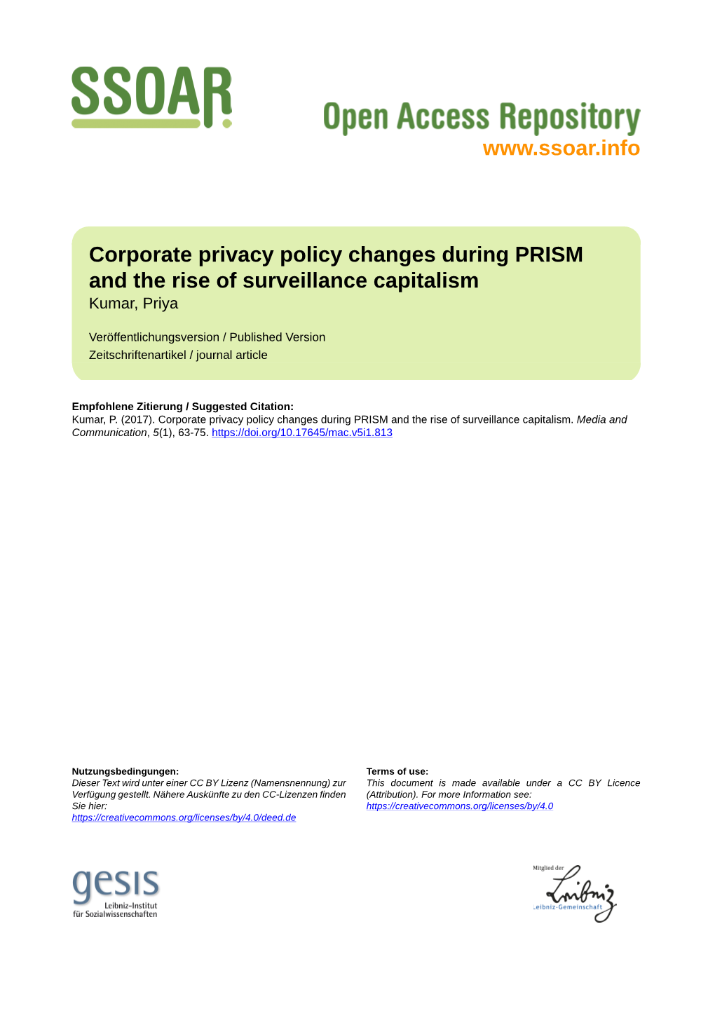 Corporate Privacy Policy Changes During PRISM and the Rise of Surveillance Capitalism Kumar, Priya