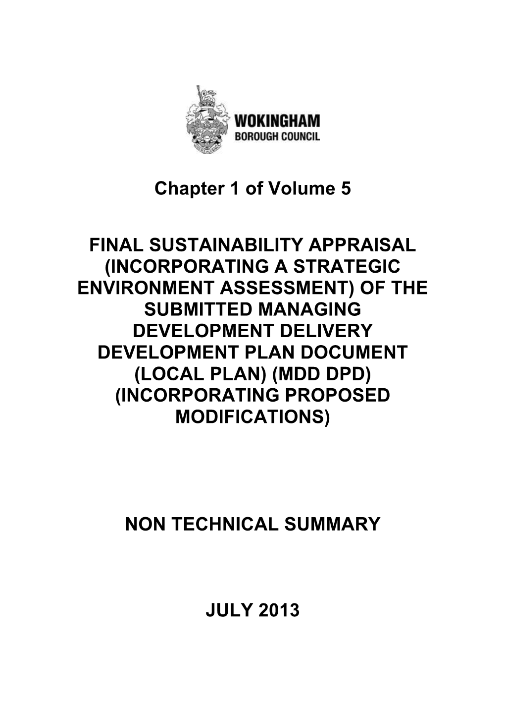 Chapter 1 of Volume 5 FINAL SUSTAINABILITY APPRAISAL