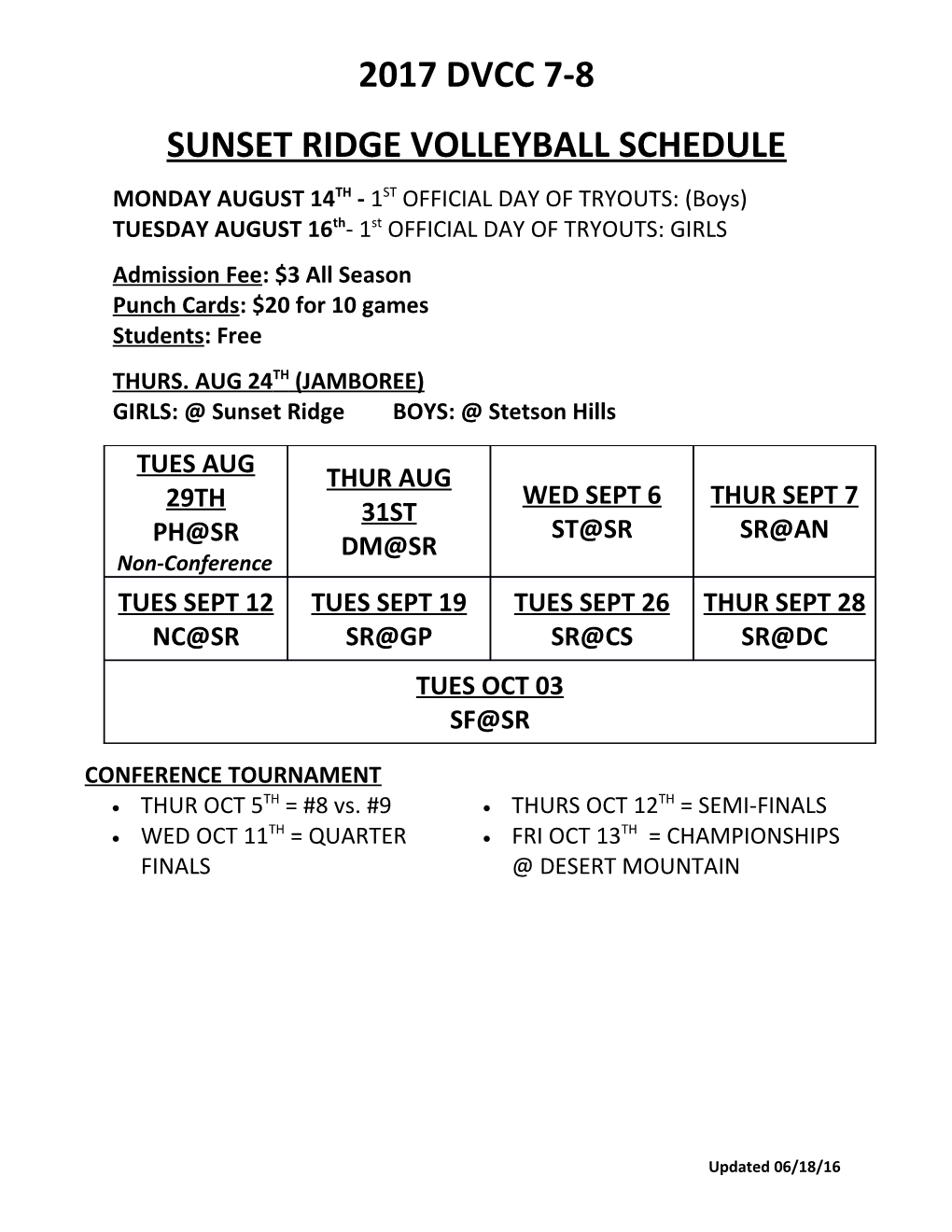 Sunset Ridge Volleyball Schedule