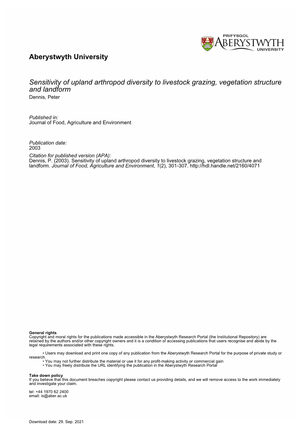 Aberystwyth University Sensitivity of Upland Arthropod Diversity To