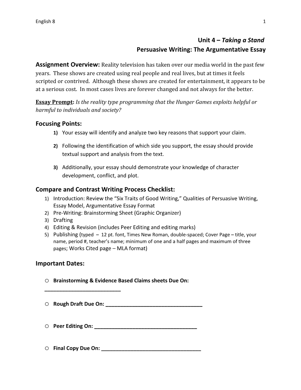 Persuasive Writing: the Argumentative Essay