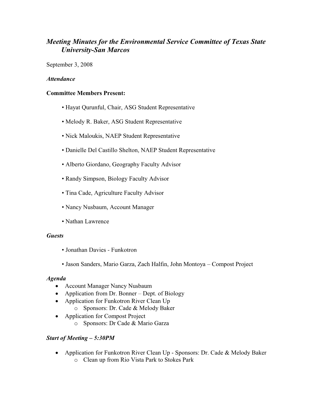 Meeting Minutes for the Environmental Service Committee of Texas State University-San Marcos