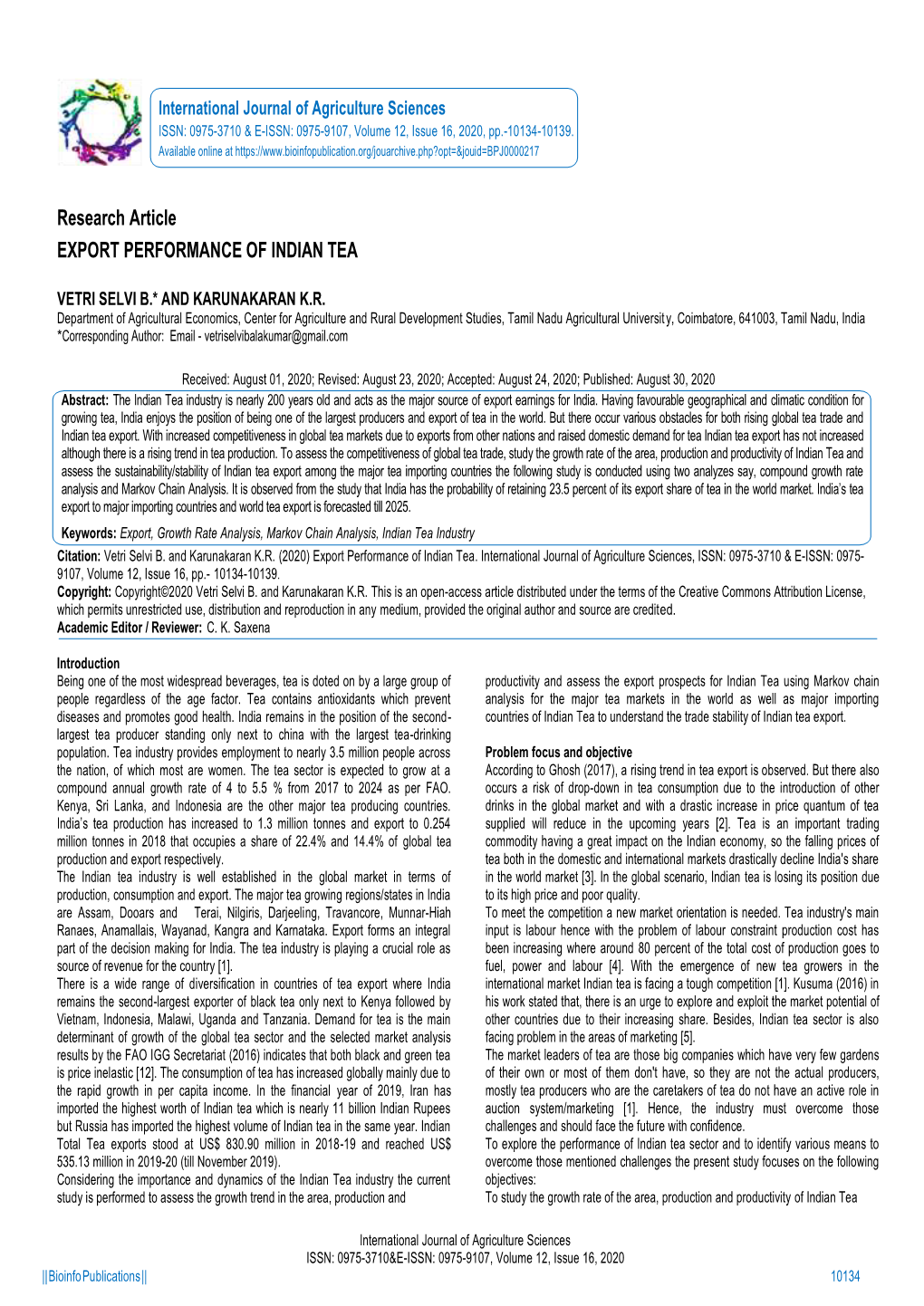 Research Article EXPORT PERFORMANCE of INDIAN TEA