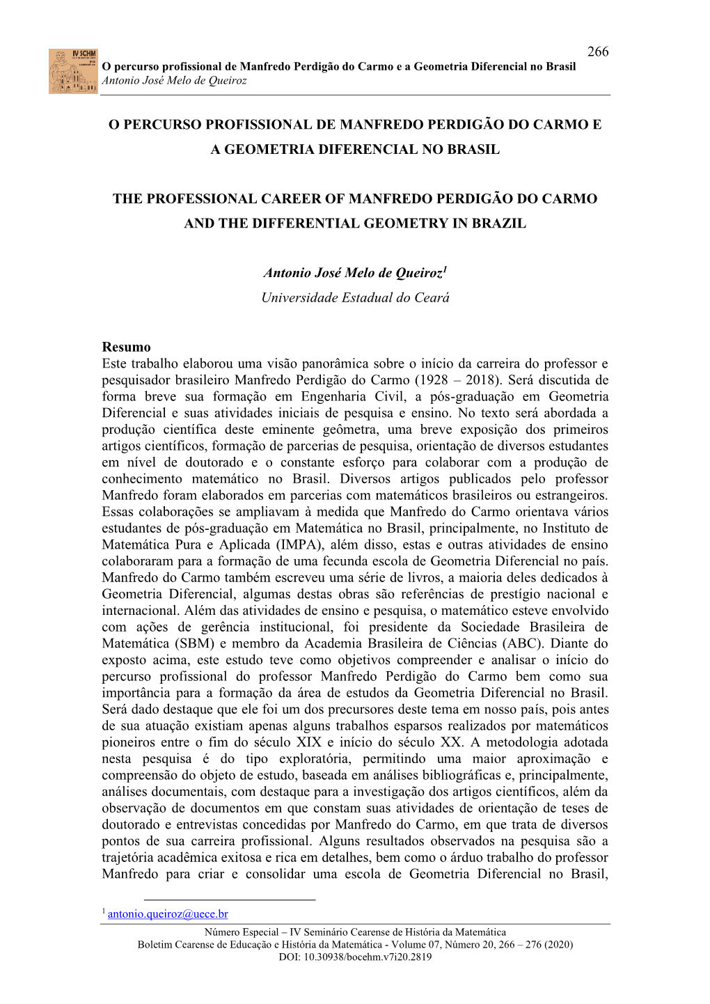 266 O Percurso Profissional De Manfredo Perdigão Do Carmo E a Geometria Diferencial No Brasil Antonio José Melo De Queiroz