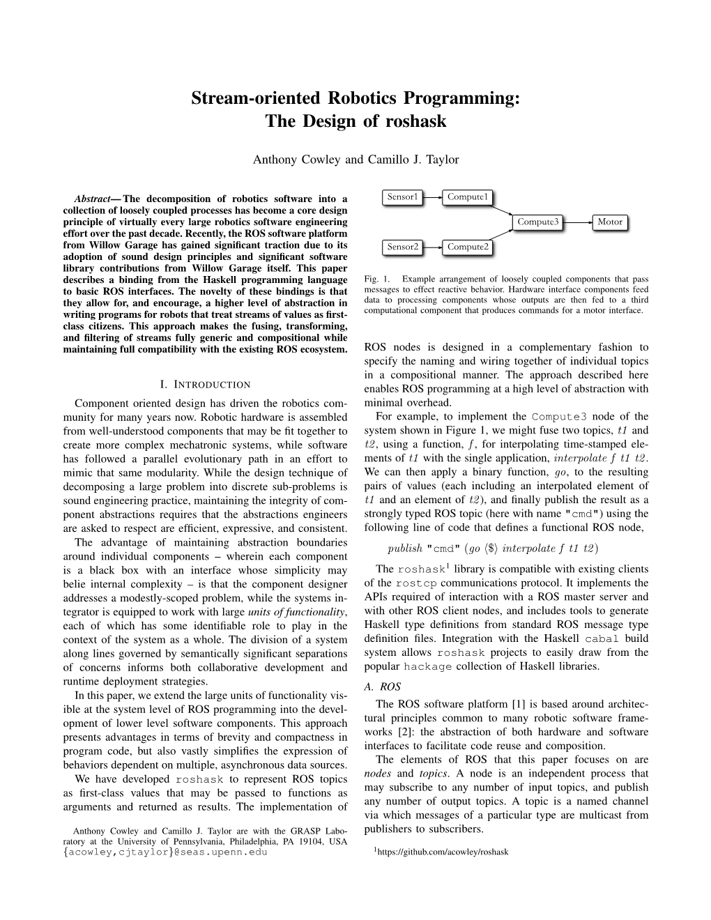 Stream-Oriented Robotics Programming: the Design of Roshask