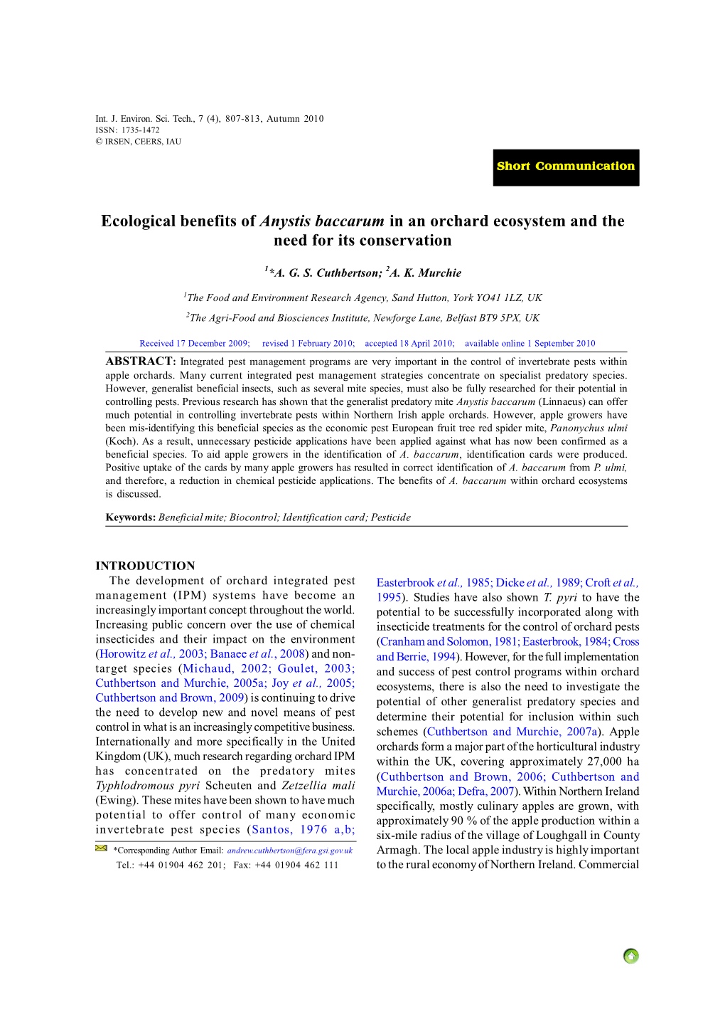 Ecological Benefits of Anystis Baccarum in an Orchard Ecosystem and the Need for Its Conservation