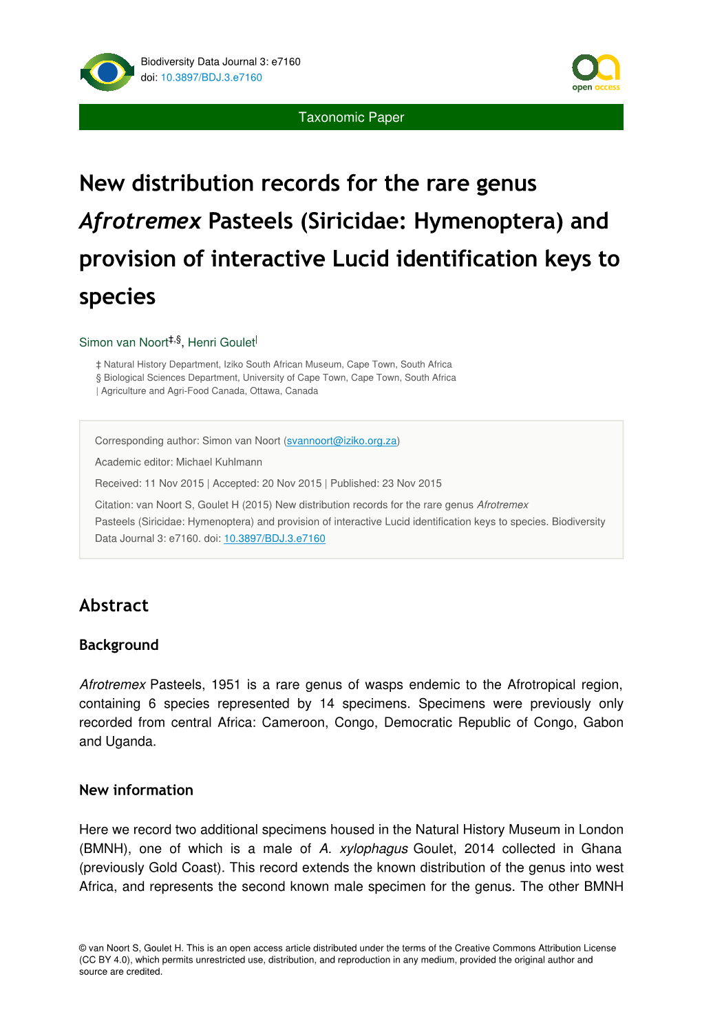 Siricidae: Hymenoptera) and Provision of Interactive Lucid Identification Keys to Species