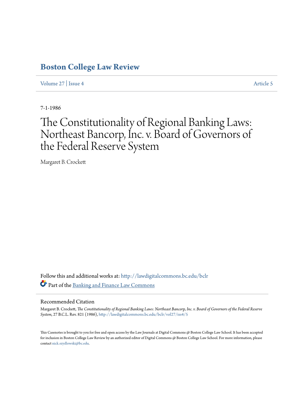 The Constitutionality of Regional Banking Laws: Northeast Bancorp, Inc