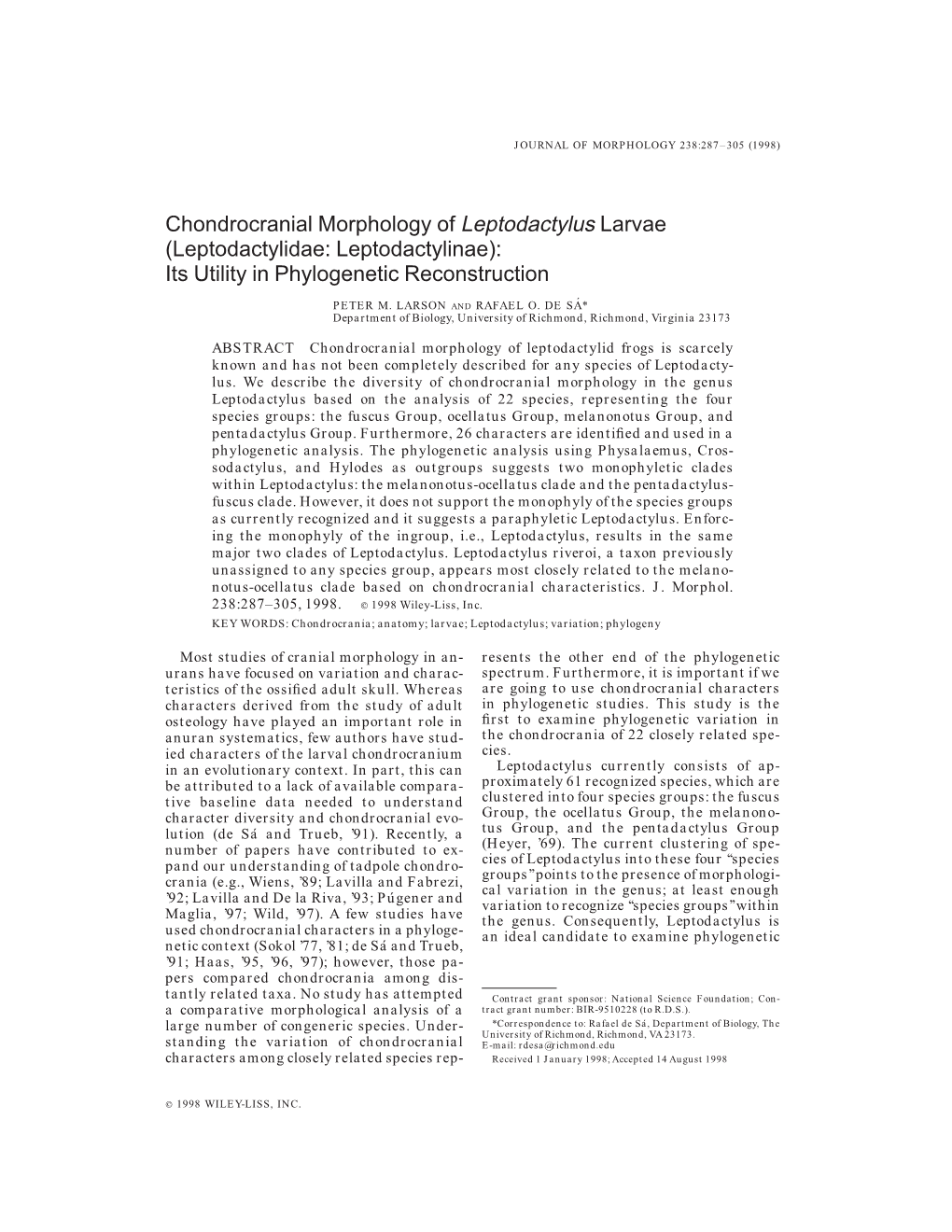 Chondrocranial Morphology of Leptodactylus Larvae (Leptodactylidae: Leptodactylinae): Its Utility in Phylogenetic Reconstruction