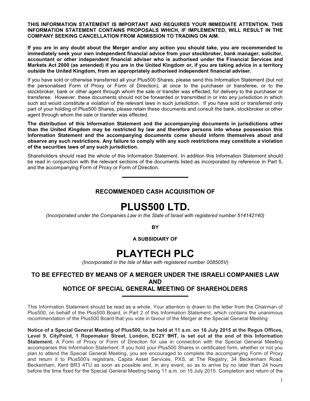 Plus500 Ltd. Playtech