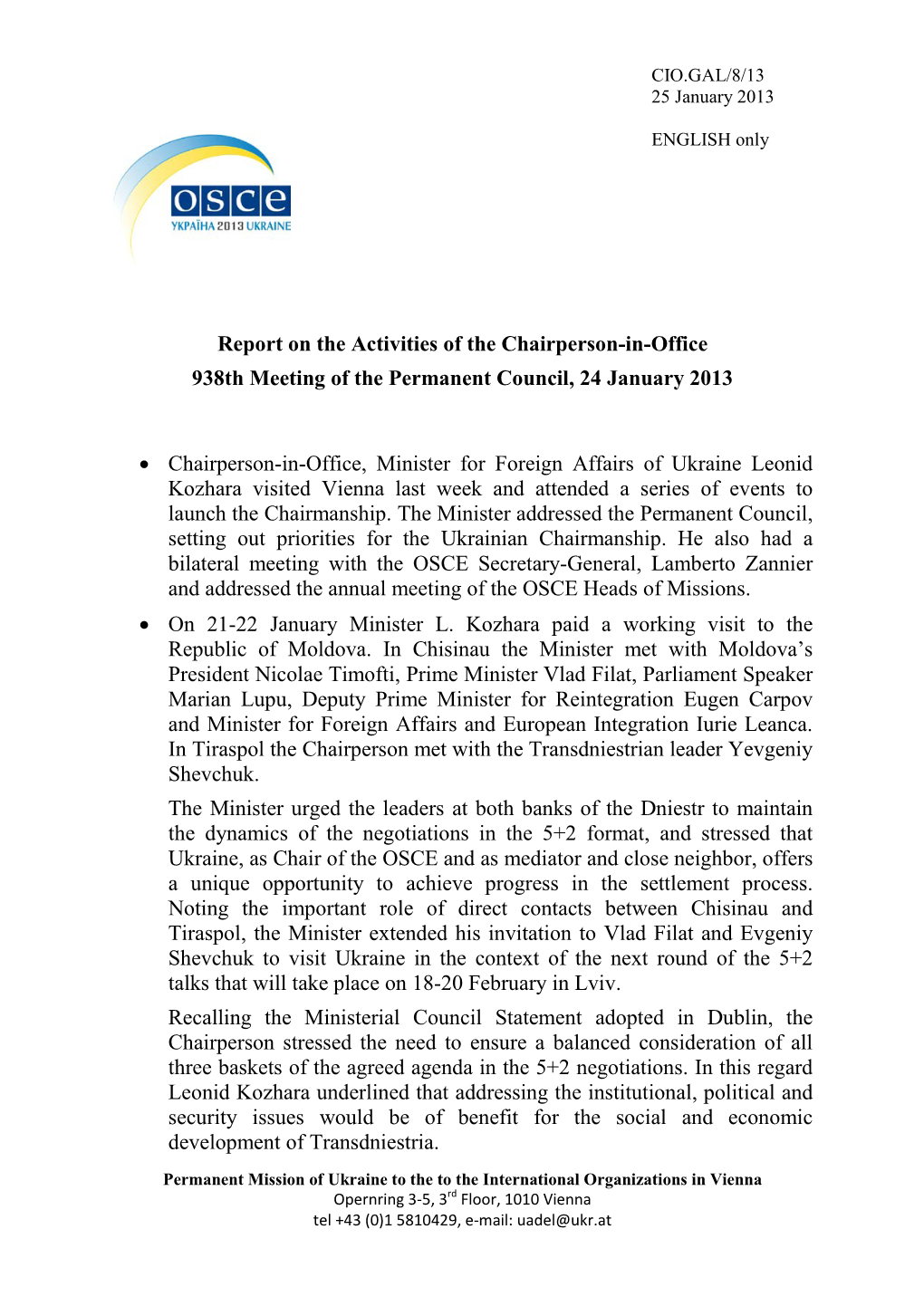 Report on the Activities of the Chairperson-In-Office 938Th Meeting of the Permanent Council, 24 January 2013