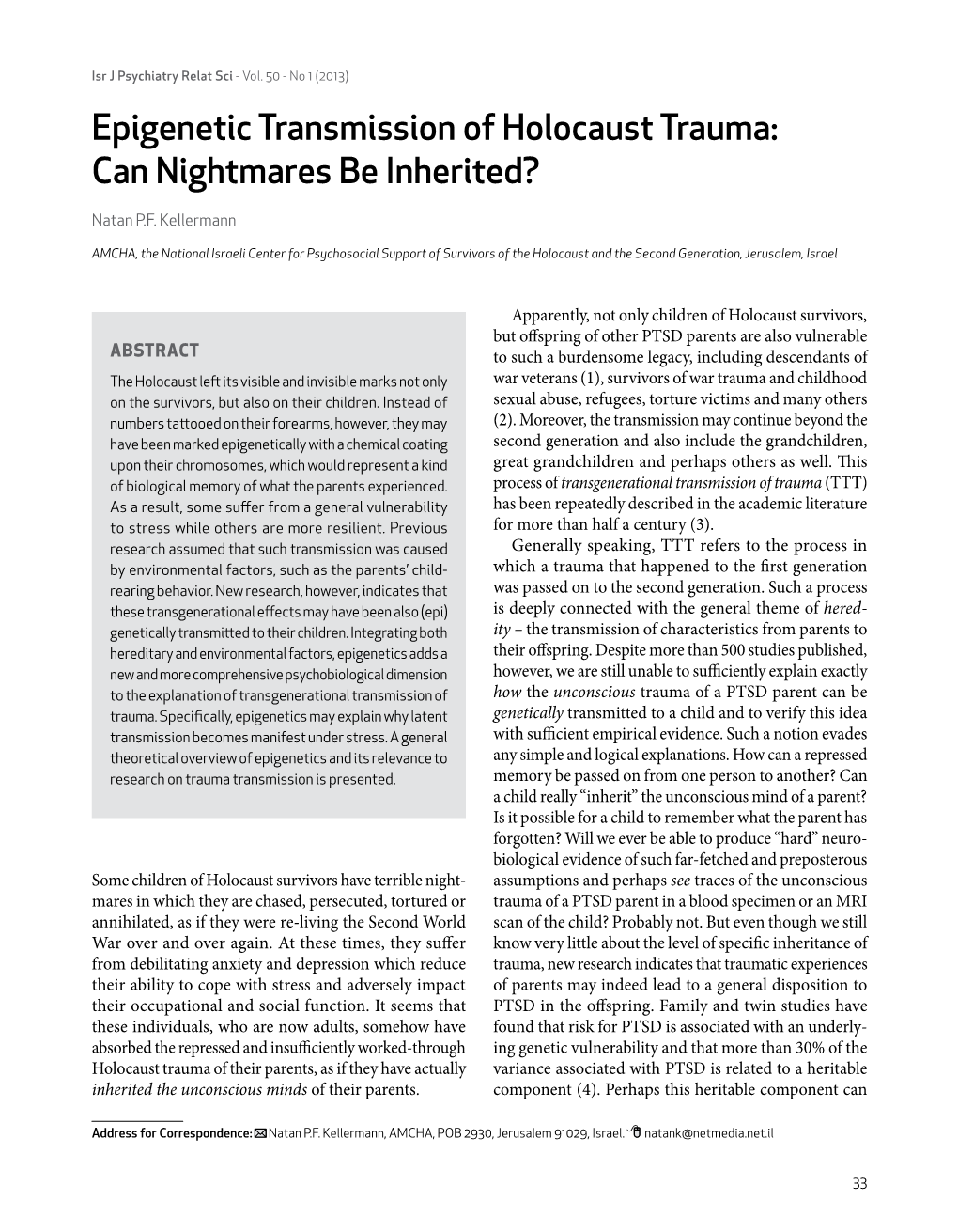 Epigenetic Transmission of Holocaust Trauma: Can Nightmares Be Inherited?