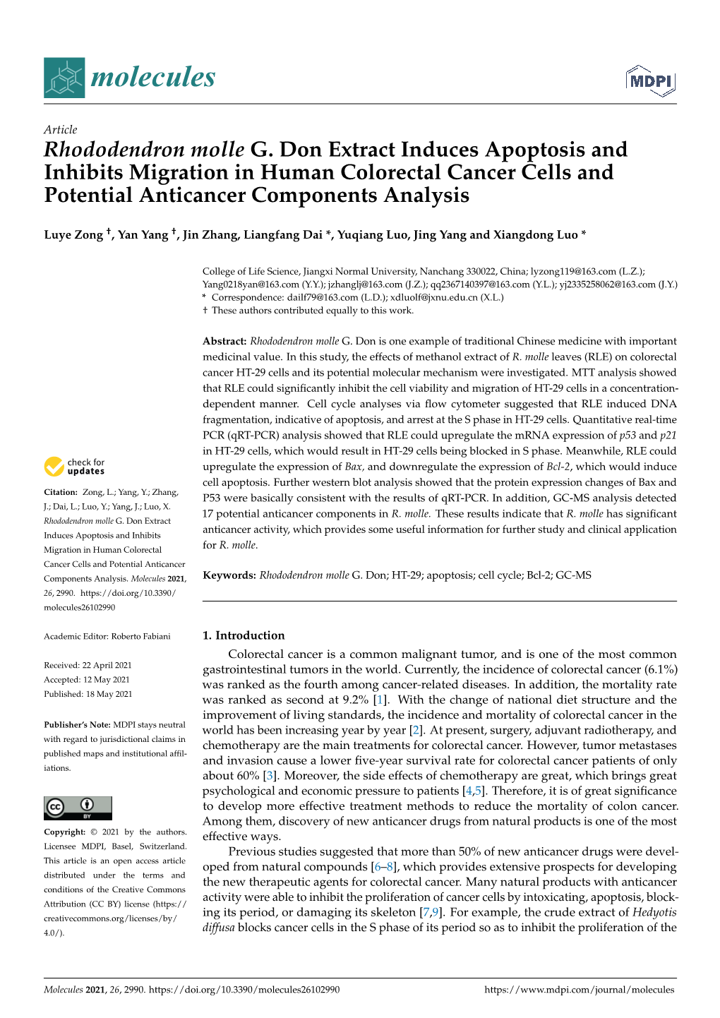 Rhododendron Molle G. Don Extract Induces Apoptosis and Inhibits Migration in Human Colorectal Cancer Cells and Potential Anticancer Components Analysis