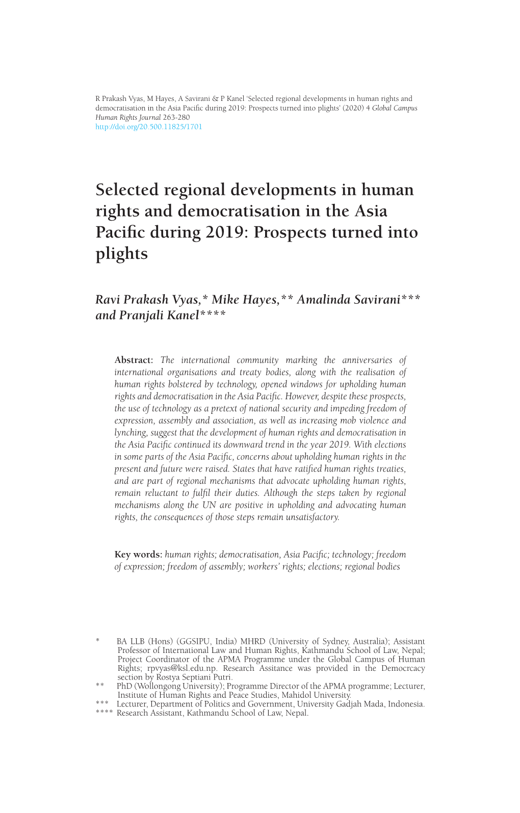Selected Regional Developments in Human Rights and Democratisation