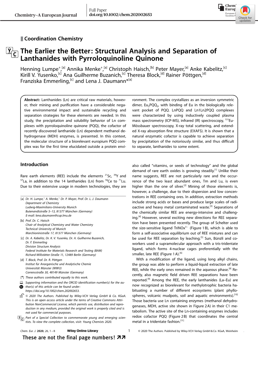 Structural Analysis and Separation of Lanthanides with Pyrroloquinoline