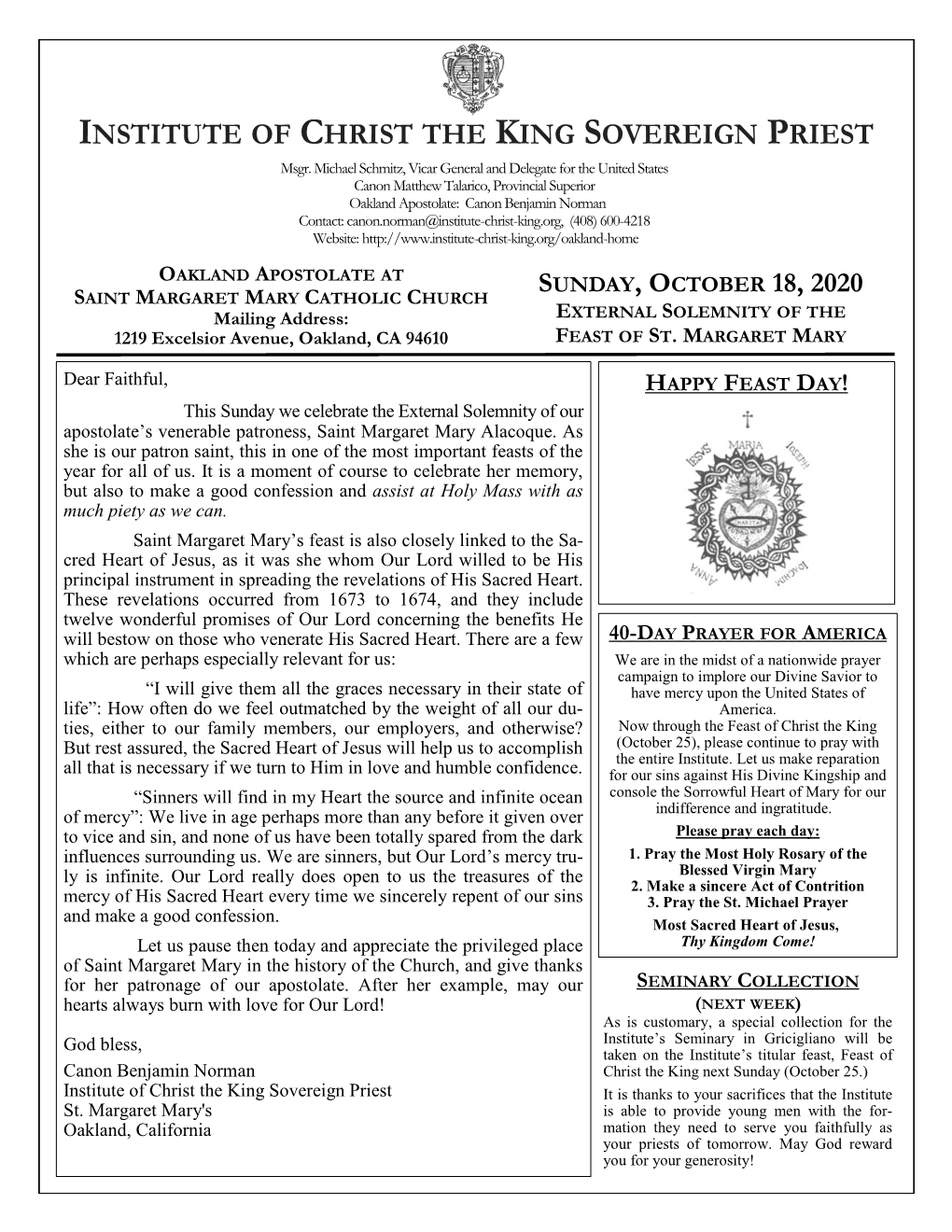 SUNDAY, OCTOBER 18, 2020 SAINT MARGARET MARY CATHOLIC CHURCH Mailing Address: EXTERNAL SOLEMNITY of the 1219 Excelsior Avenue, Oakland, CA 94610 FEAST of ST