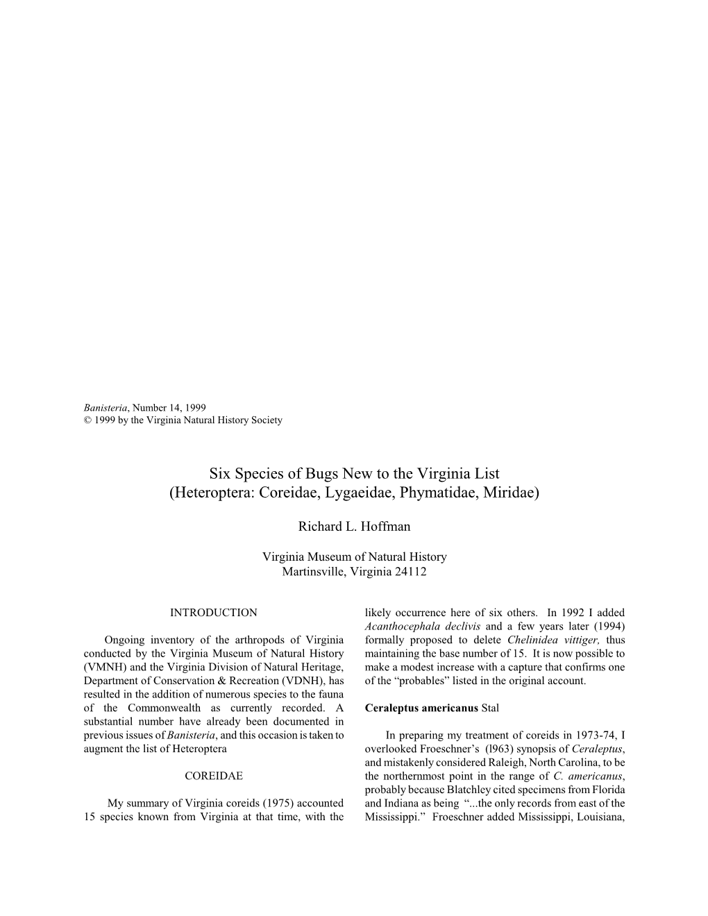Banisteria, Number 14, 1999 © 1999 by the Virginia Natural History Society