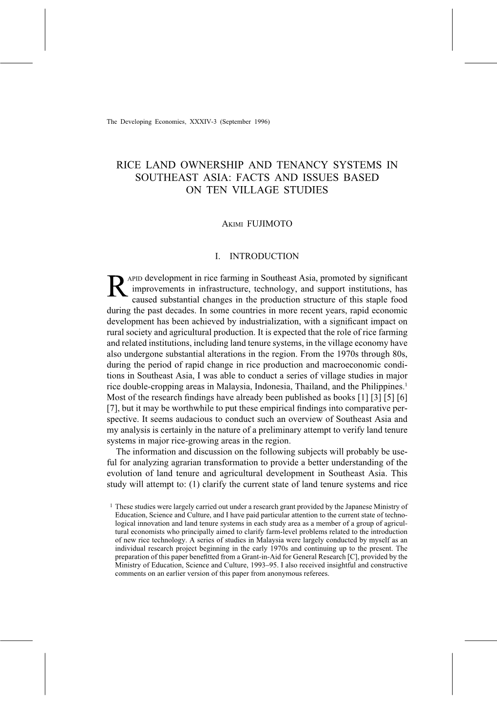 Rice Land Ownership and Tenancy Systems in Southeast Asia: Facts and Issues Based on Ten Village Studies