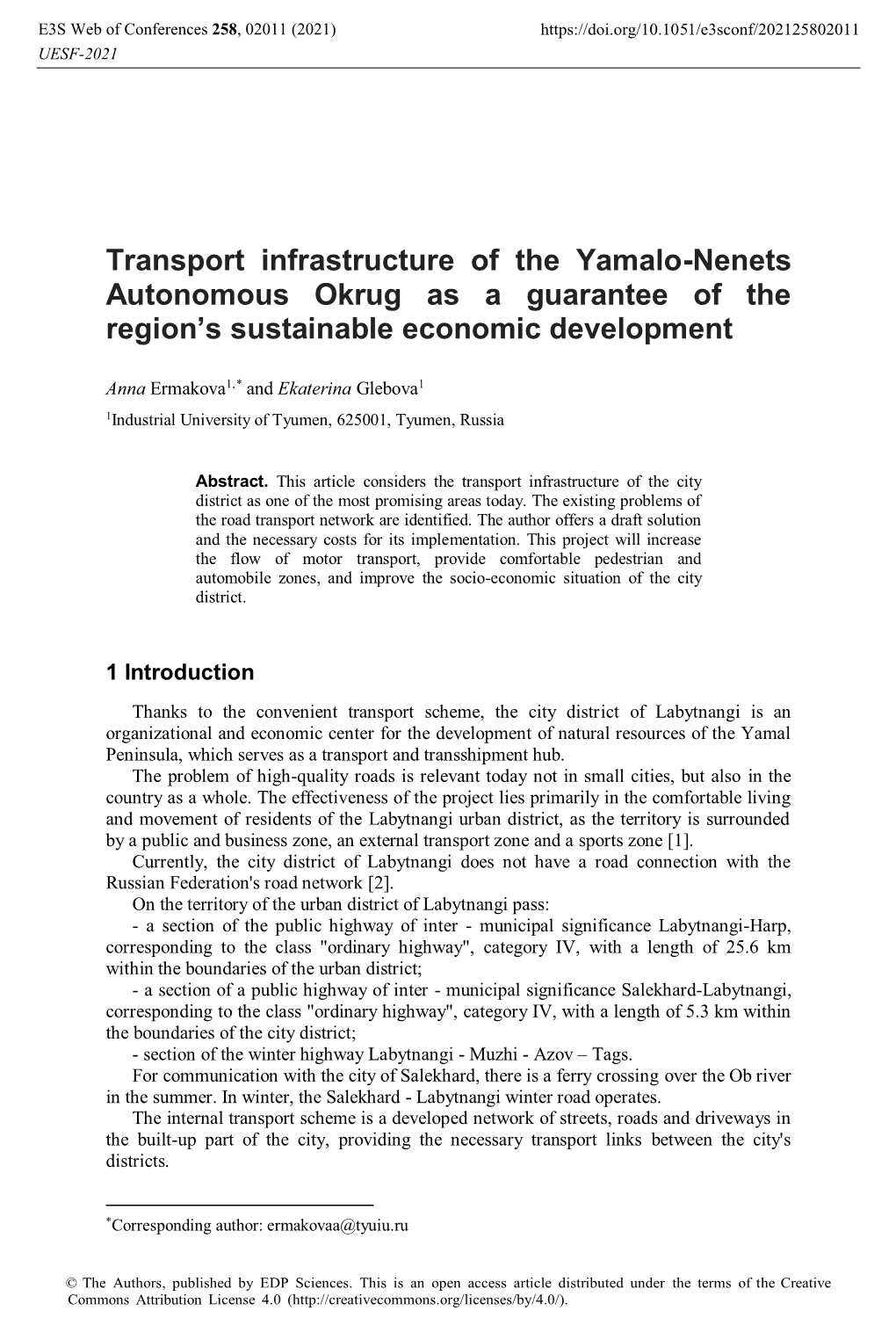 Transport Infrastructure of the Yamalo-Nenets Autonomous Okrug As a Guarantee of the Region's Sustainable Economic Development