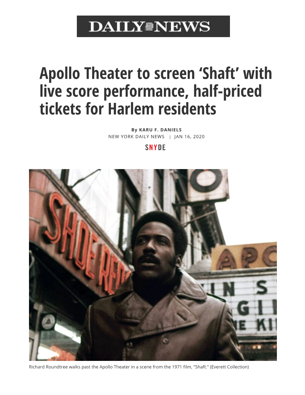 Apollo Theater to Screen 'Shaft'