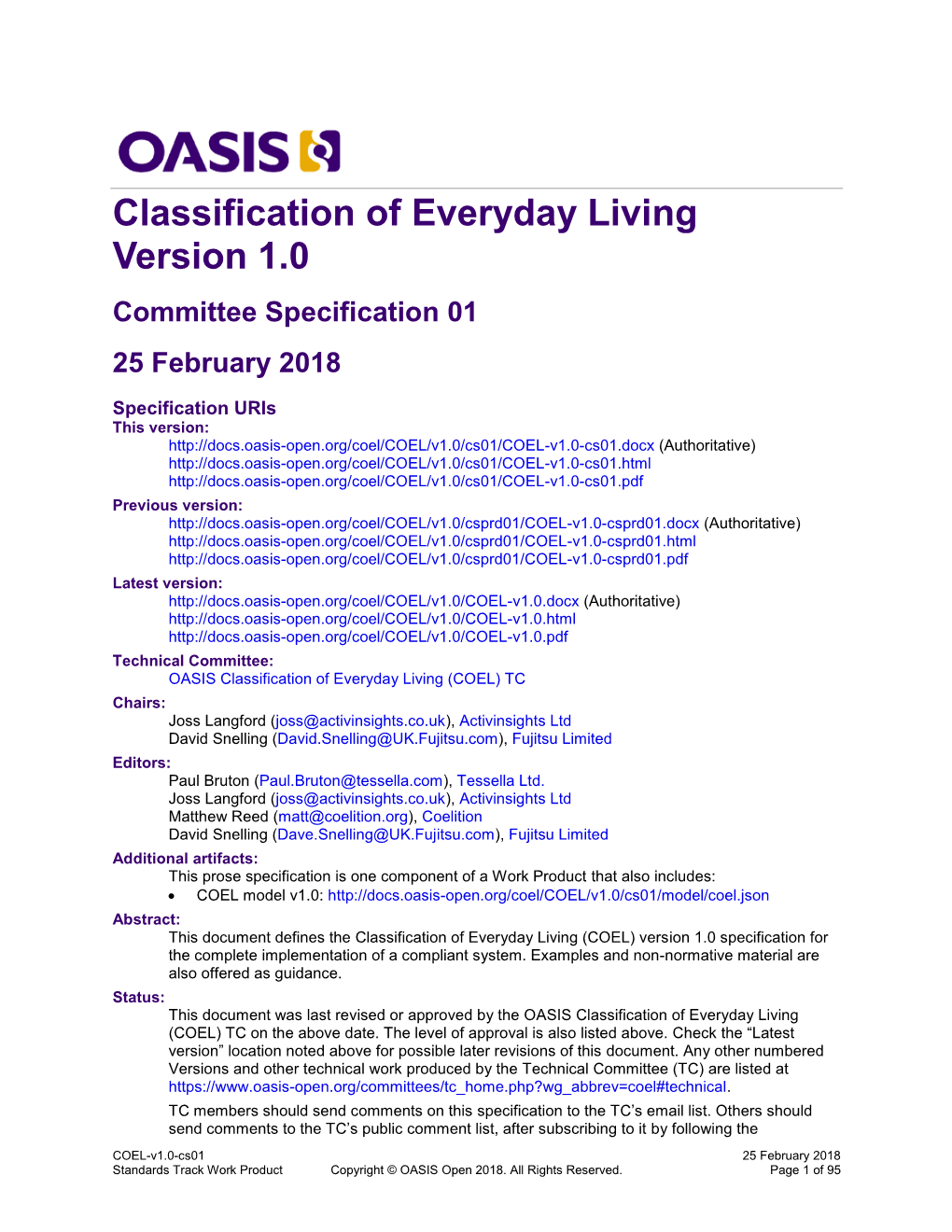 Classification of Everyday Living Version 1.0 Committee Specification 01 25 February 2018