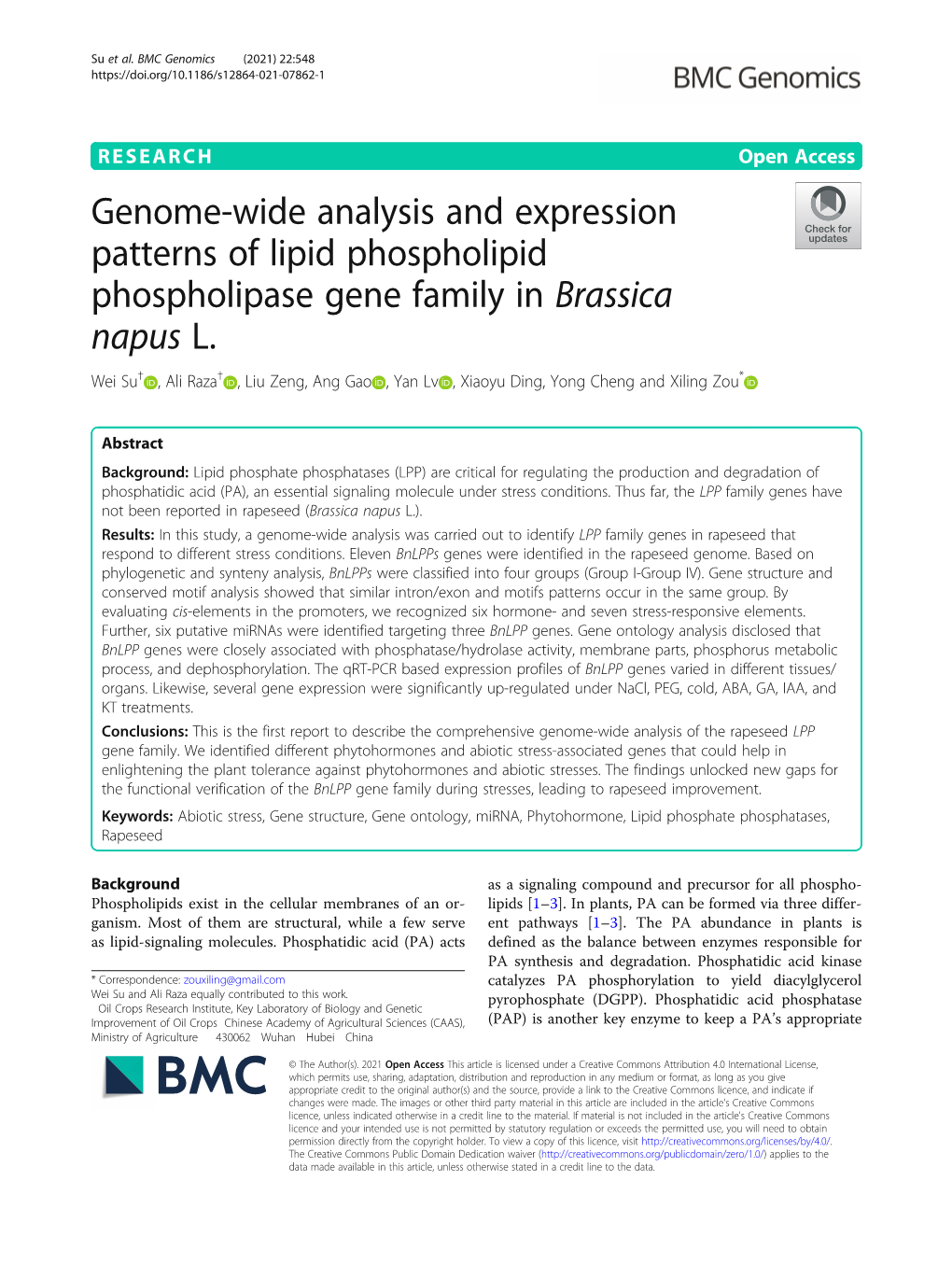 Genome-Wide Analysis and Expression Patterns of Lipid Phospholipid Phospholipase Gene Family in Brassica Napus L