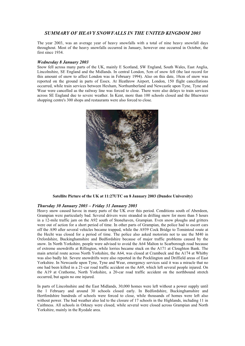 Summary of Heavy Snowfalls in the United Kingdom 2003