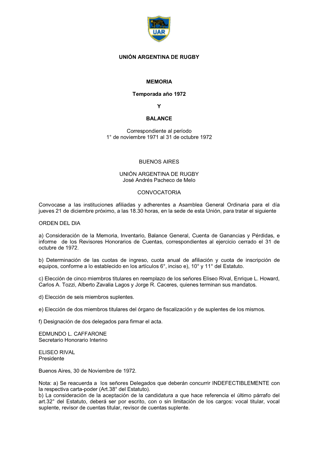 UNIÓN ARGENTINA DE RUGBY MEMORIA Temporada Año 1972 Y