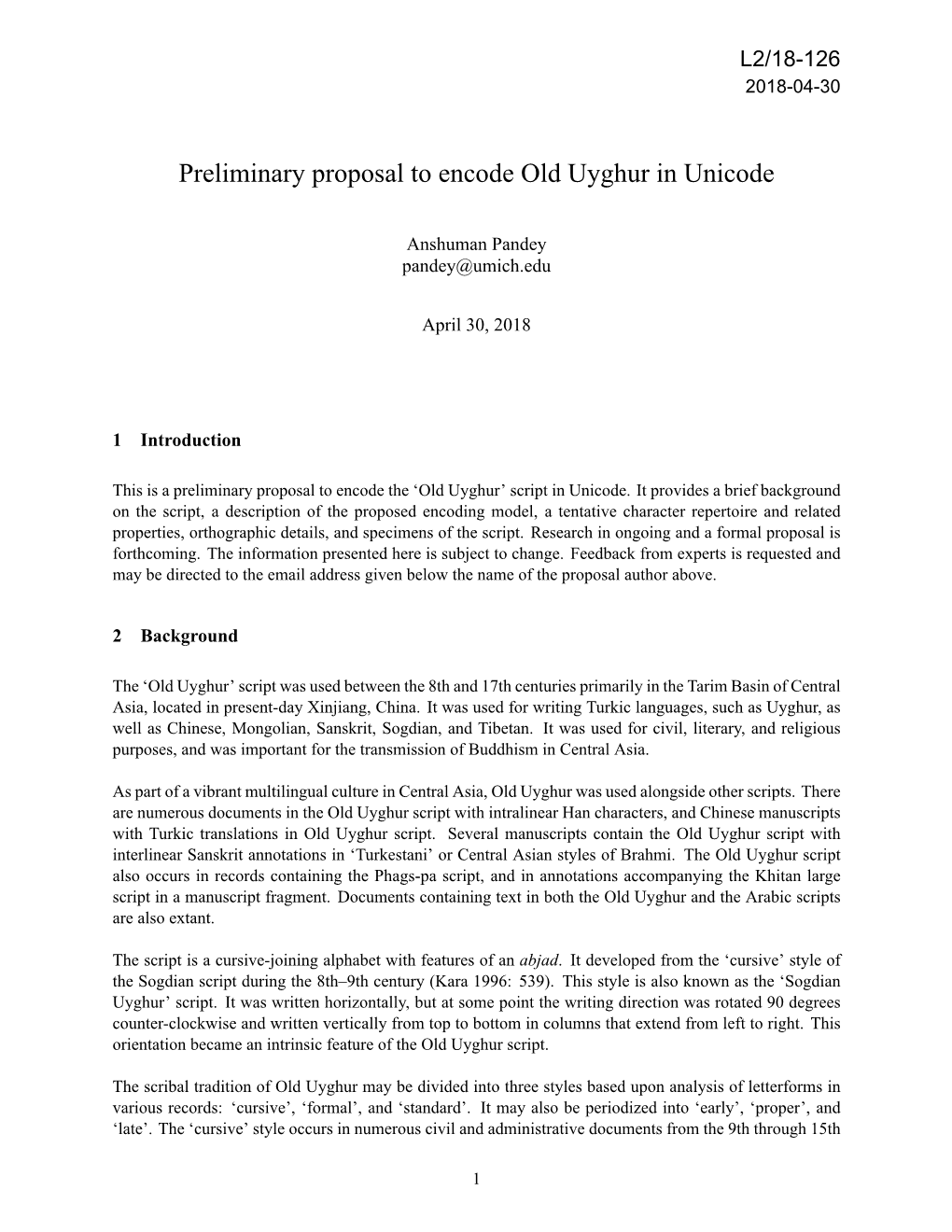 Preliminary Proposal to Encode Old Uyghur in Unicode