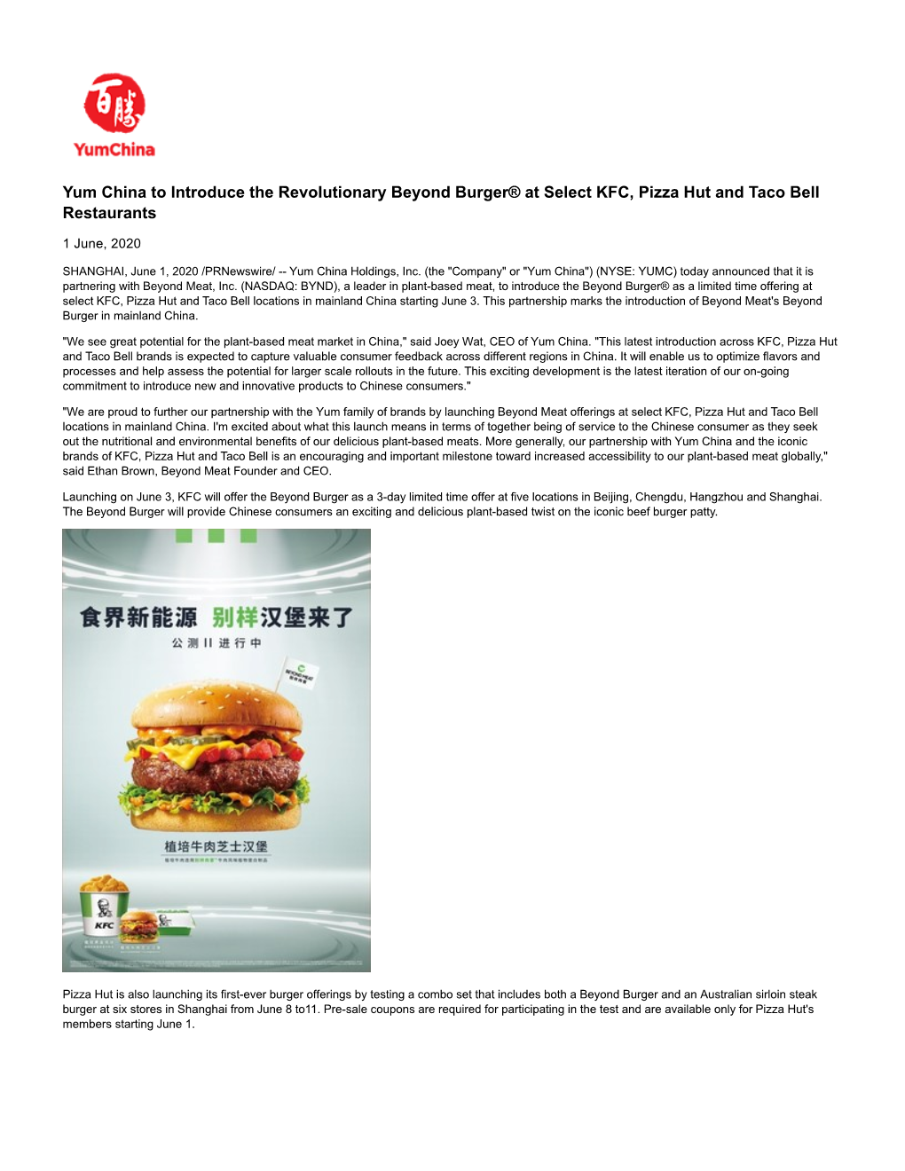 Yum China to Introduce the Revolutionary Beyond Burger® at Select KFC, Pizza Hut and Taco Bell Restaurants