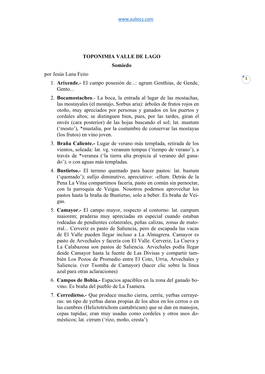 TOPONIMIA VALLE DE LAGO Somiedo Por Jesús Lana Feito 1. Arixende.- El Campo Posesión De...: Agrum Genthius, De Gende, Gento