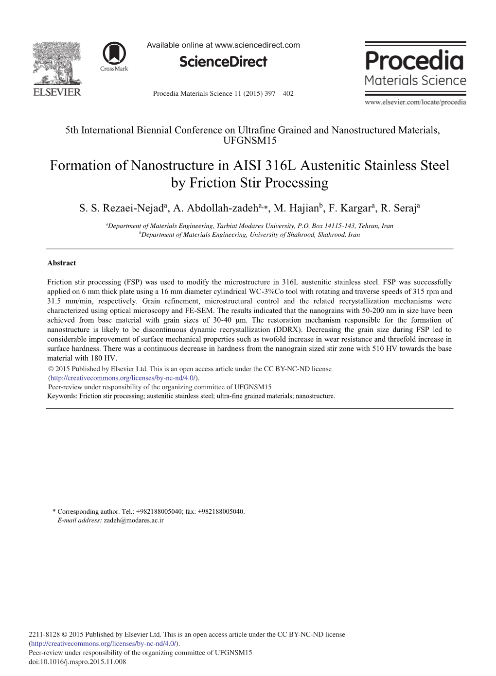 Formation of Nanostructure in AISI 316L Austenitic Stainless Steel by Friction Stir Processing