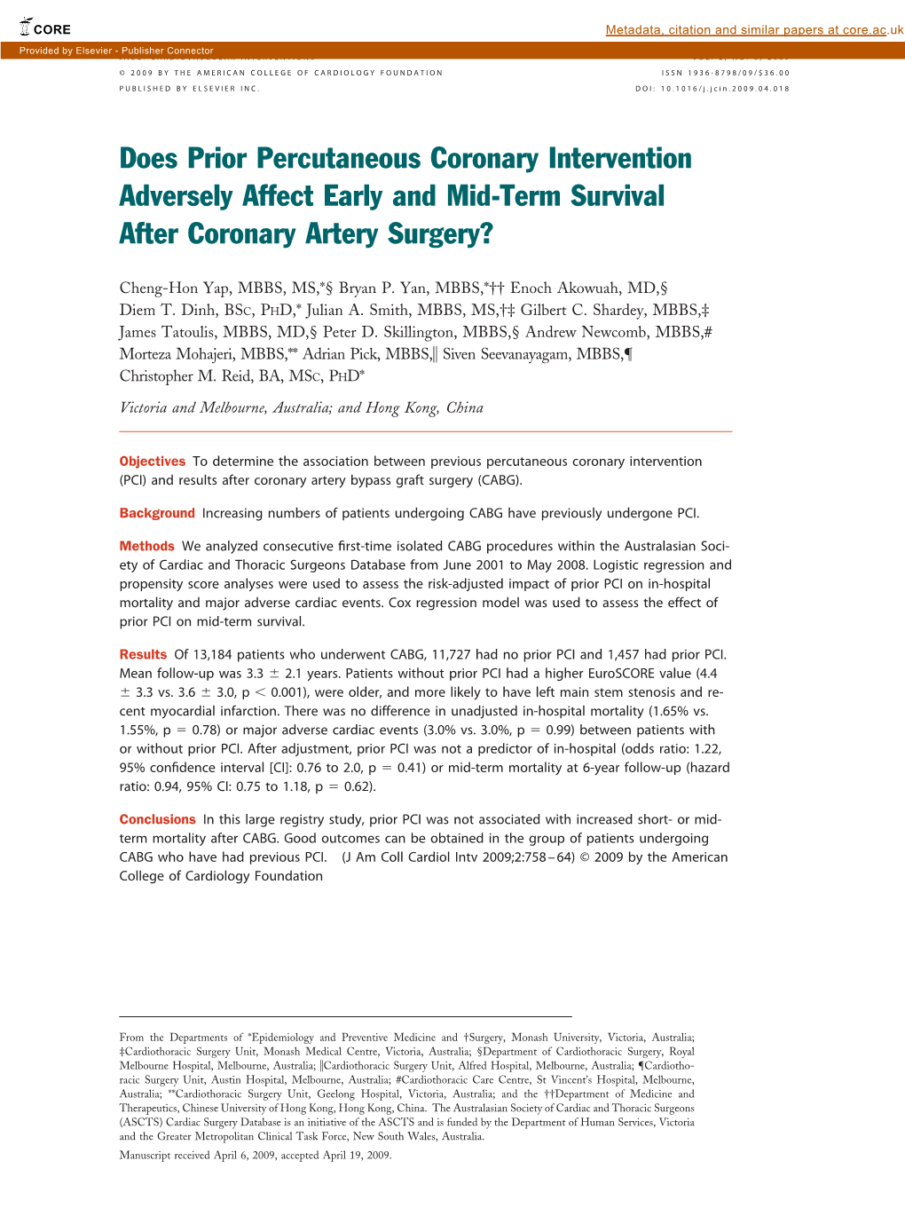 Does Prior Percutaneous Coronary Intervention Adversely Affect Early and Mid-Term Survival After Coronary Artery Surgery?