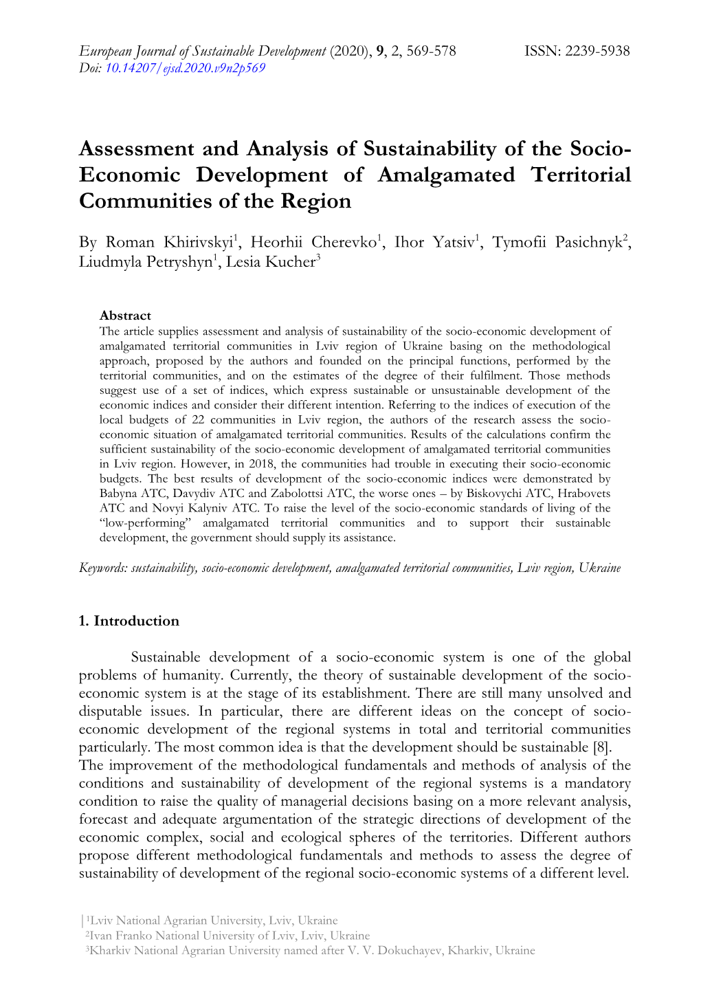 Assessment and Analysis of Sustainability of the Socio- Economic Development of Amalgamated Territorial Communities of the Region