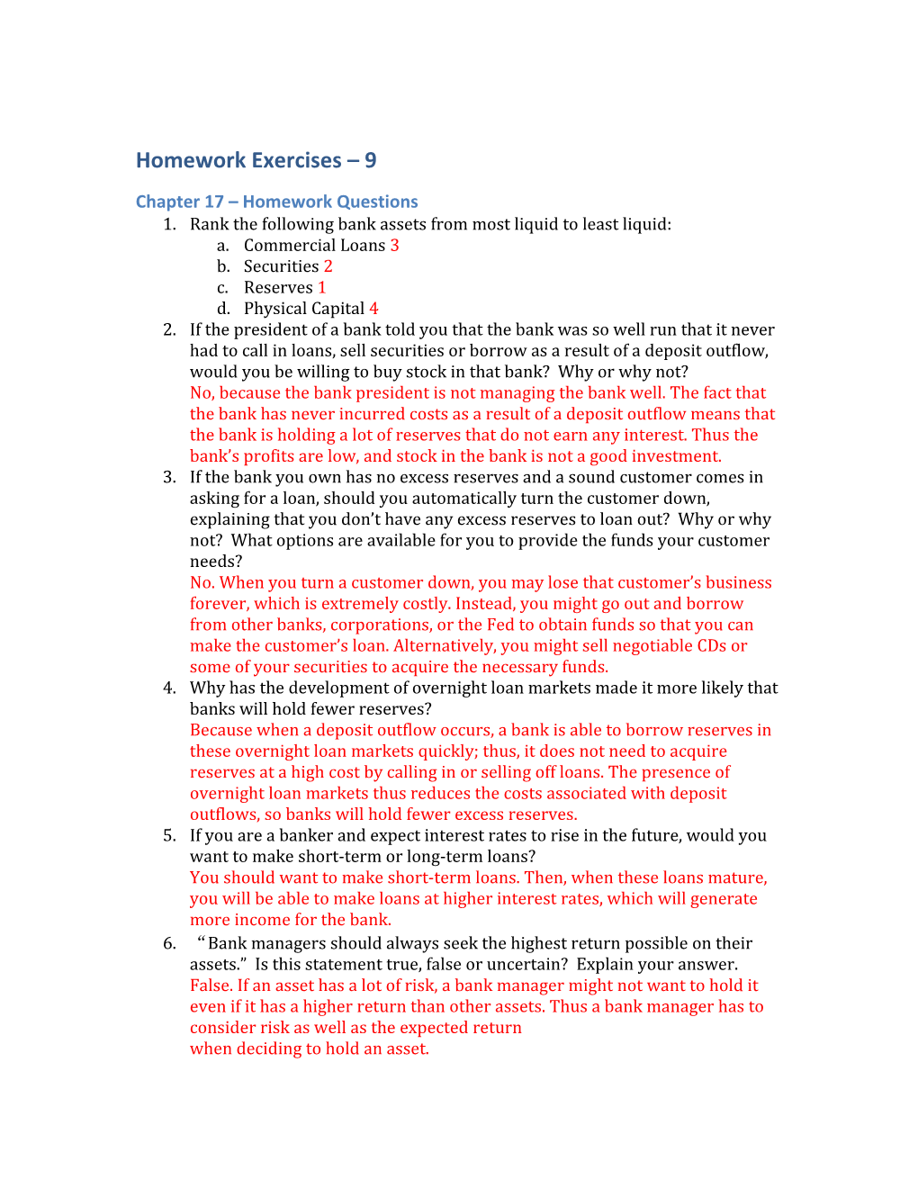 Homework Exercises 9 Answers (Q1.Rank The Following Bank Assets From Most Liquid To Least Liquid)