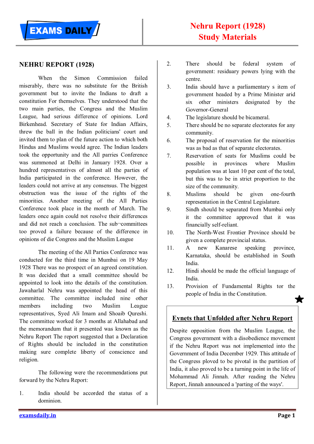 Nehru Report (1928) Study Materials