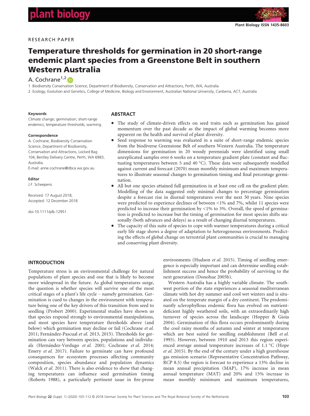 Temperature Thresholds for Germination in 20 Short‐Range