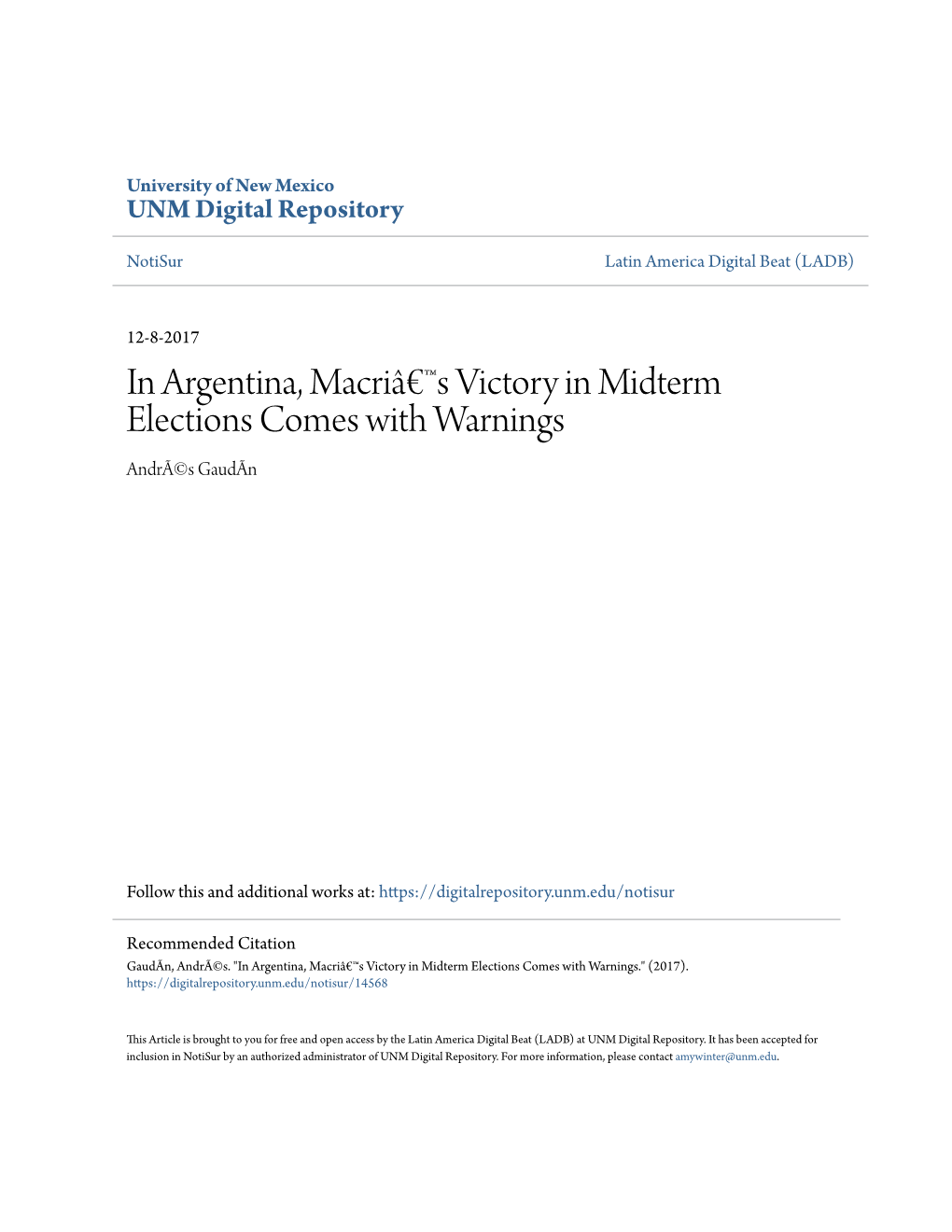 In Argentina, Macriâ€™S Victory in Midterm Elections Comes with Warnings Andrã©S Gaudãn