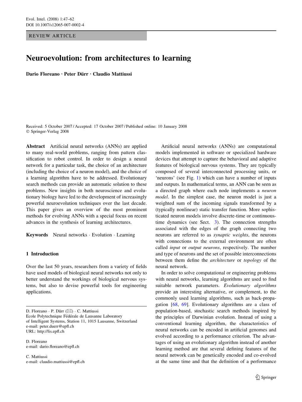 Neuroevolution: from Architectures to Learning