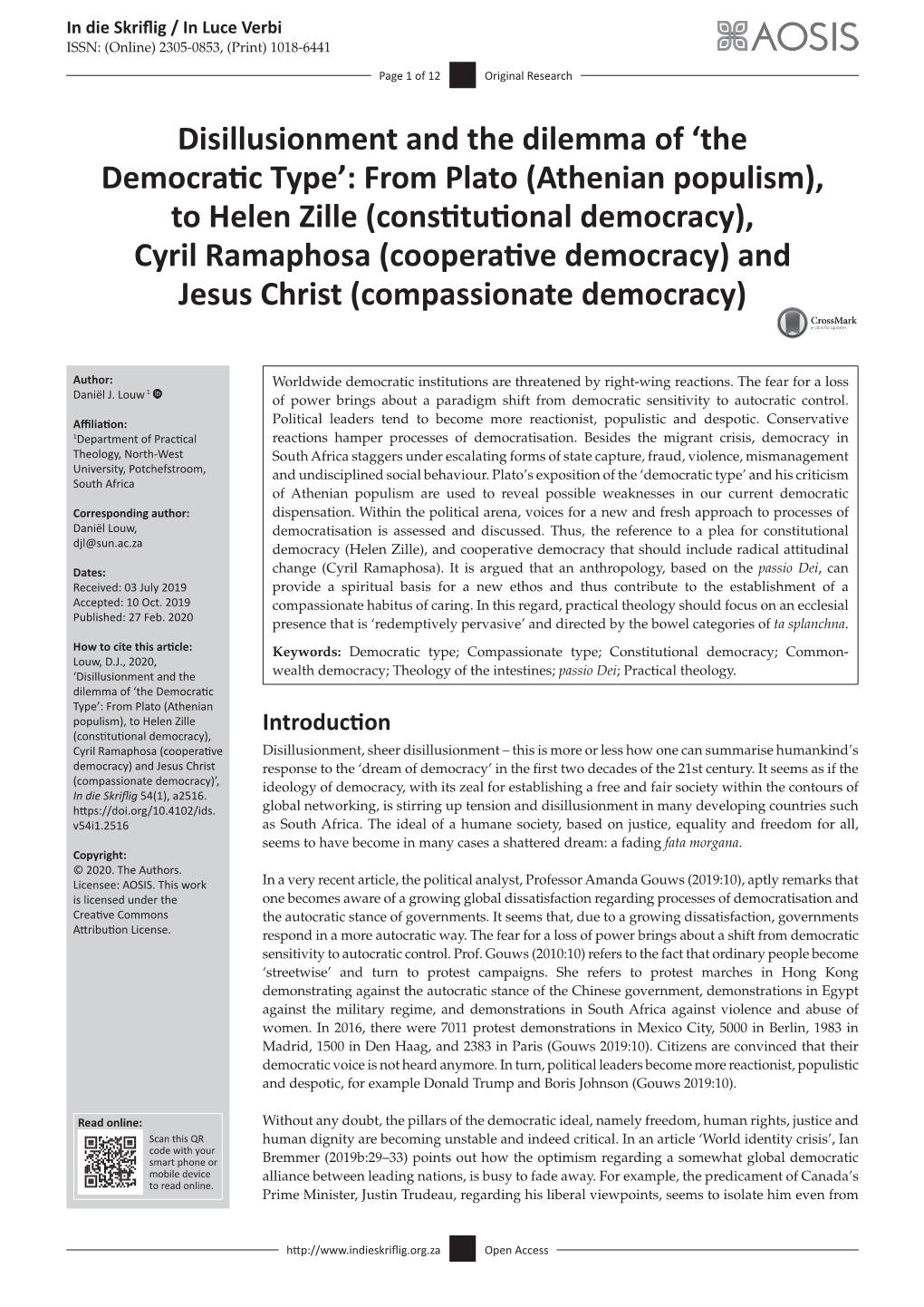 Disillusionment and the Dilemma of 'The Democratic Type': from Plato (Athenian Populism), to Helen Zille (Constitutional