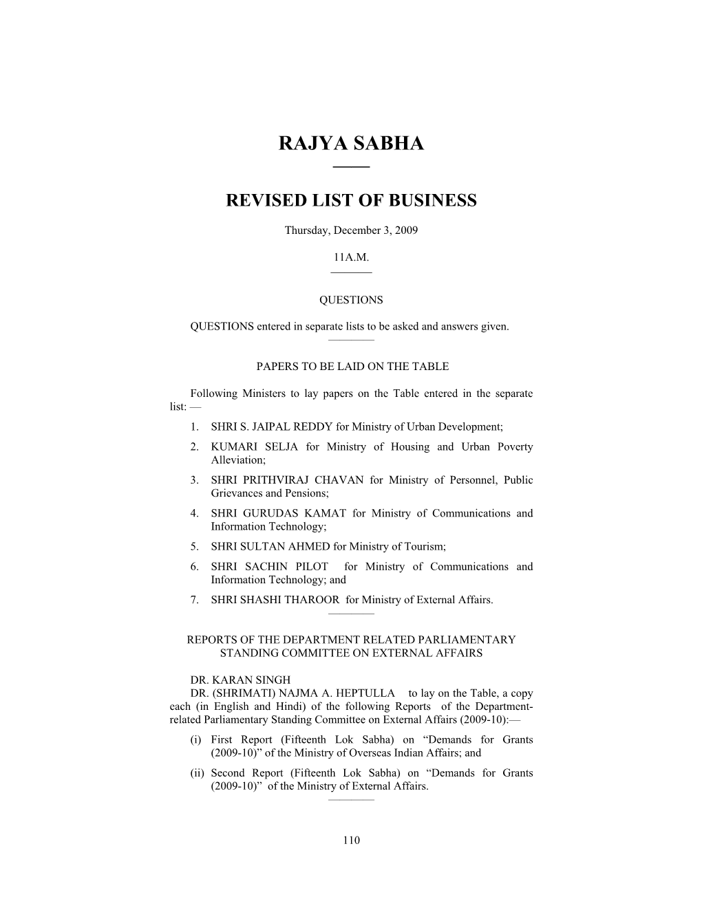 Rajya Sabha —— Revised List of Business