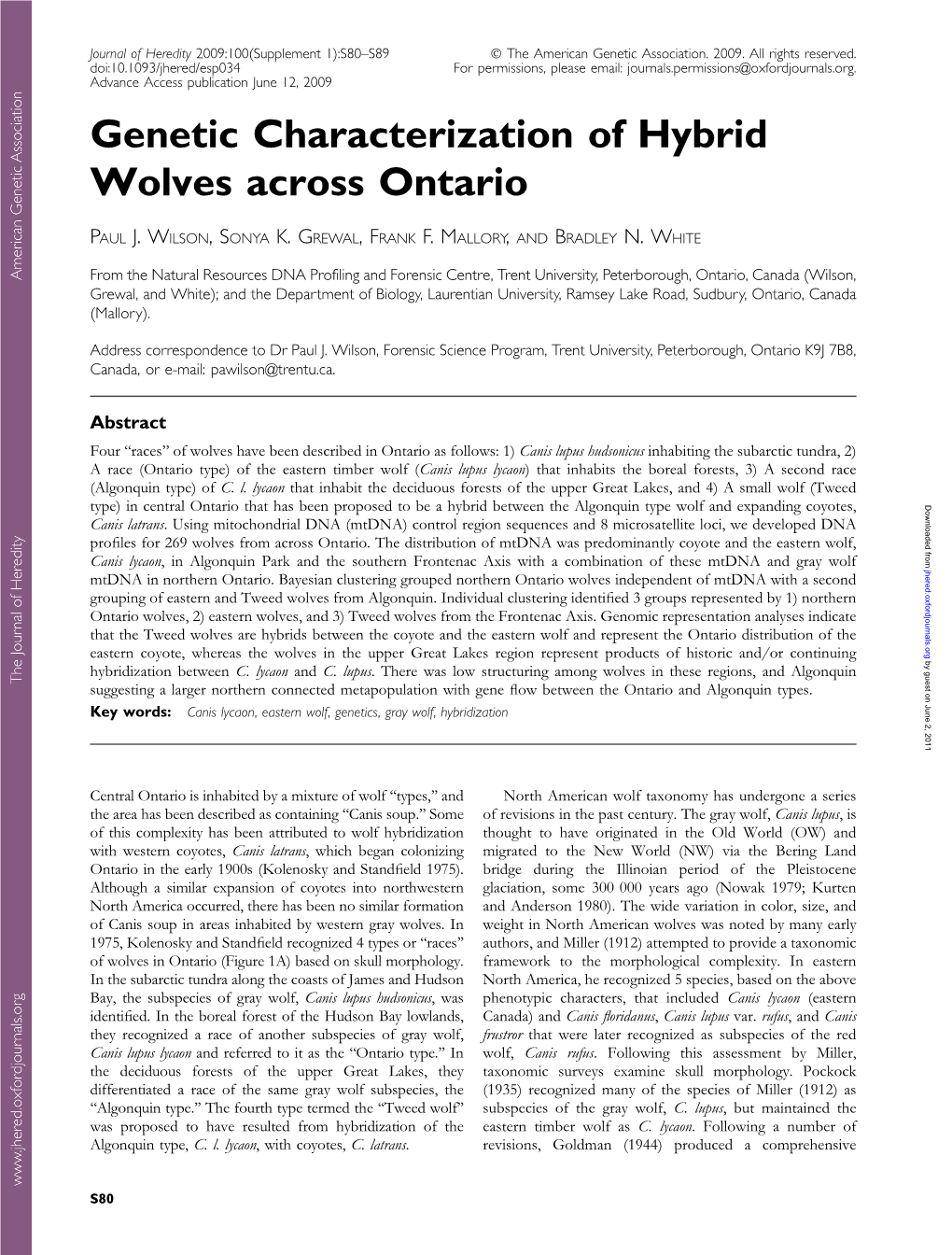 Genetic Characterization of Hybrid Wolves Across Ontario