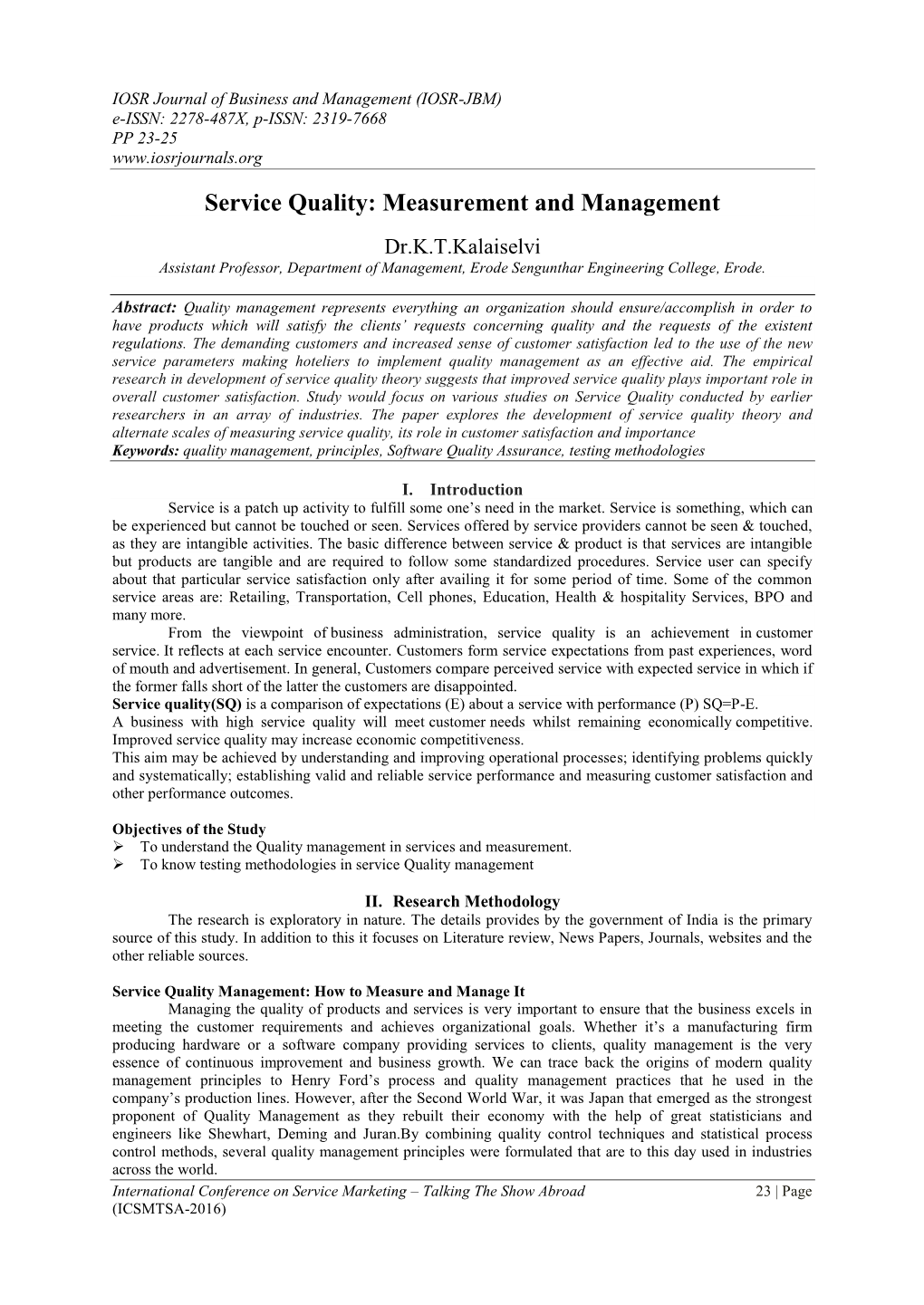 Service Quality: Measurement and Management