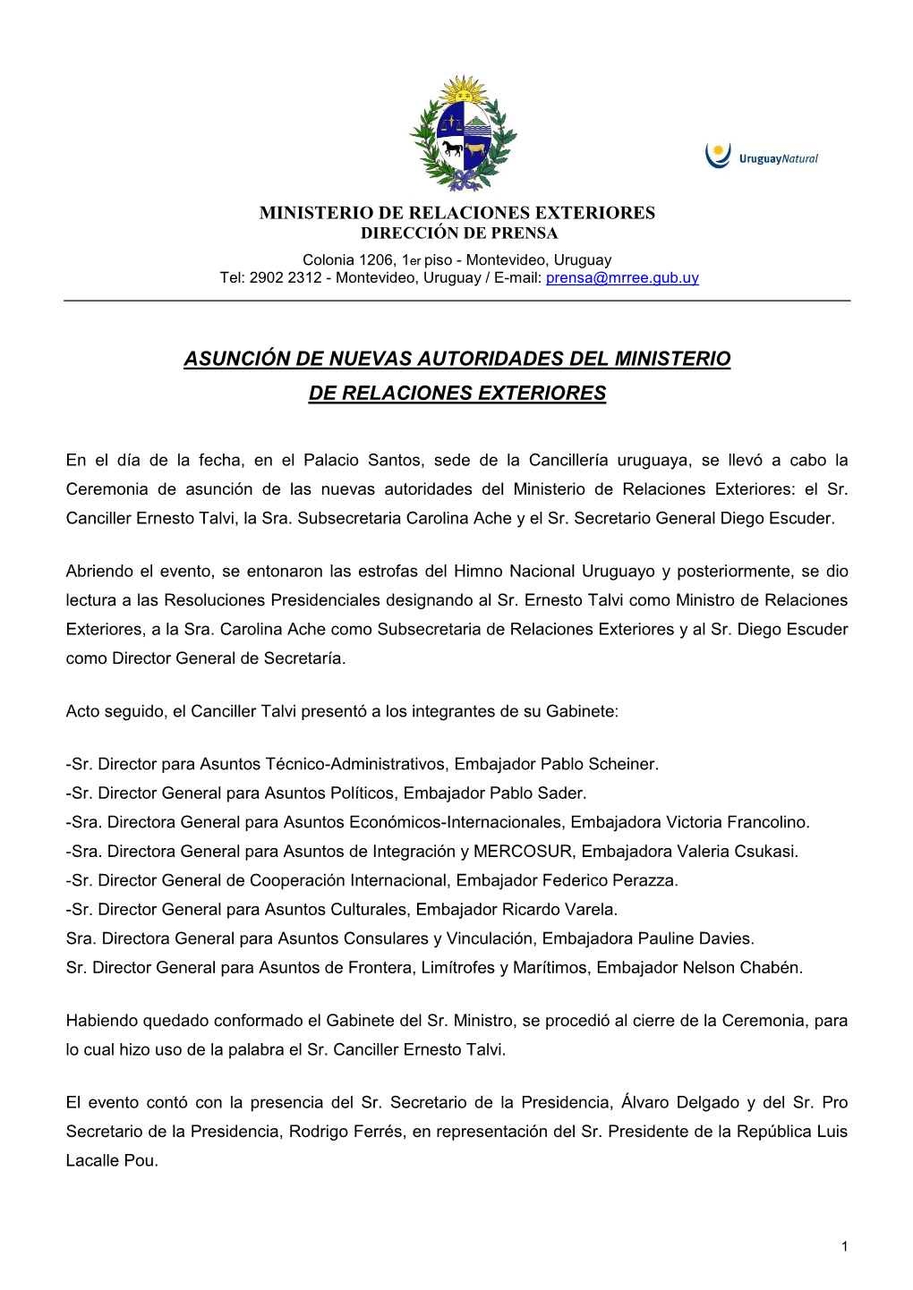 Asunción De Nuevas Autoridades Del Ministerio De Relaciones Exteriores