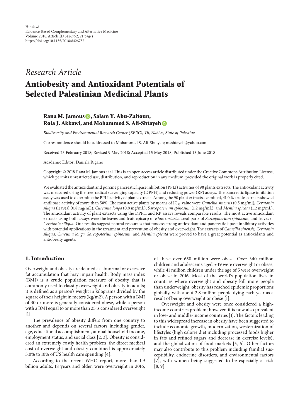 Research Article Antiobesity and Antioxidant Potentials of Selected Palestinian Medicinal Plants