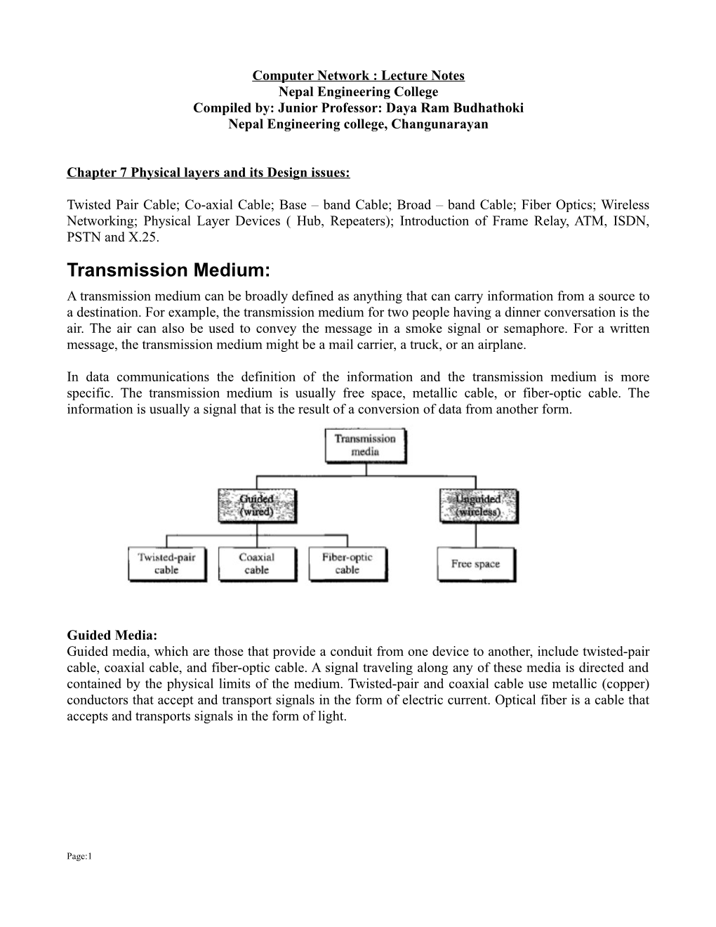 Transmission Medium: a Transmission Medium Can Be Broadly Defined As Anything That Can Carry Information from a Source to a Destination