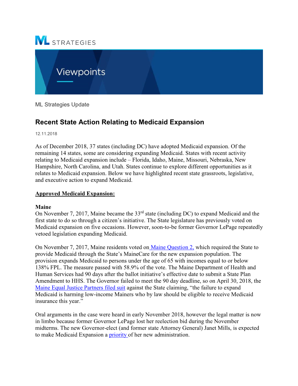 Recent State Action Relating to Medicaid Expansion