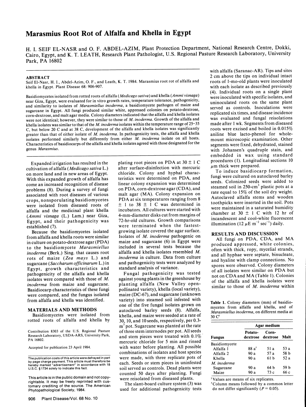 Marasmius Root Rot of Alfalfa and Khella in Egypt